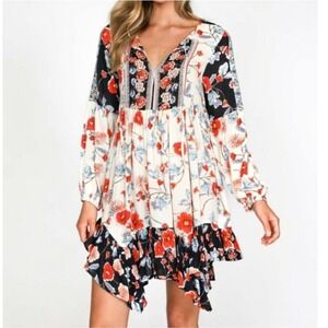 Patrons of Peace Floral Boho Mini Dress Small V-Neck Long Sleeve Ruffle Hippie